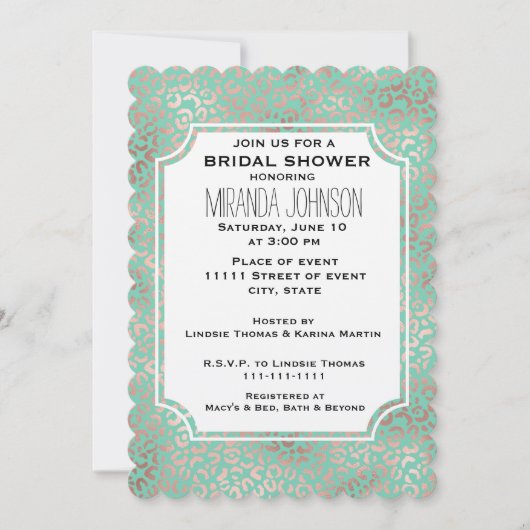 ゴールド ブラッシュ ミント レオパード プリント ブライダル シャワー 招待状 (正面)