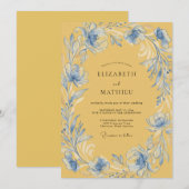 ゴールド+ブルーのリースの結婚式 招待状 (正面/裏面)