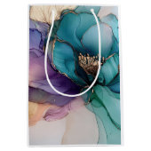 ゴールド ブルー アクア パープル フラワー ミディアムペーパーバッグ (正面)