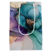 ゴールド ブルー アクア パープル フラワー ミディアムペーパーバッグ (裏面)