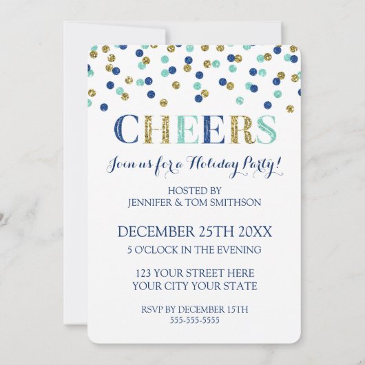ゴールド ブルー グリッター コンフェッティ チェアーズ クリスマス パーティー 招待状 (裏面)
