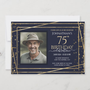 ゴールド ブルー フォト 75歳の誕生日パーティー 招待状
