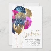ゴールド ブルー フクシア グリッター 風船 60歳の誕生日 招待状 (正面)