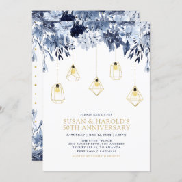 ゴールド & ブルー | ライト、花の結婚記念日 招待状