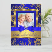 ゴールド ブルー 花柄 フォト 50周年 結婚記念日 招待状 (スタンド正面)