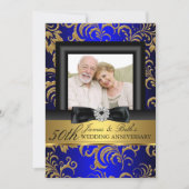 ゴールド ブルー 花柄 フォト 50周年 結婚記念日 招待状 (正面)