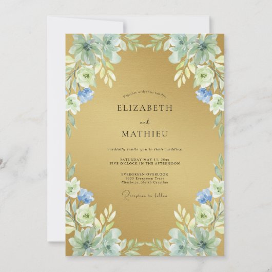 ゴールド・ペリウィンクル・ボタン wedding 招待状 (正面)