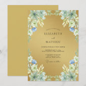 ゴールド・ペリウィンクル・ボタン wedding 招待状 (正面/裏面)