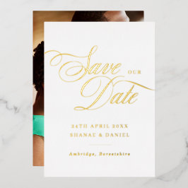 ゴールド+ホワイトのフォーマルなスクリプトフォントの写真付きSave The Date 箔招待状