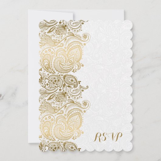 ゴールド＆ホワイトのペイズリーレースの返信 招待状 (裏面)