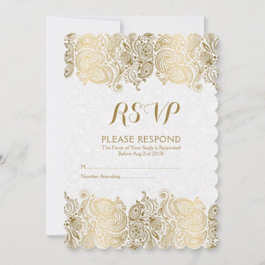 ゴールド＆ホワイトのペイズリーレースの返信 招待状 (正面)