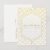ゴールド＆ホワイト エレガント モロッカン グラム セーブ・ザ・デート 案内ポストカード (正面/裏面)