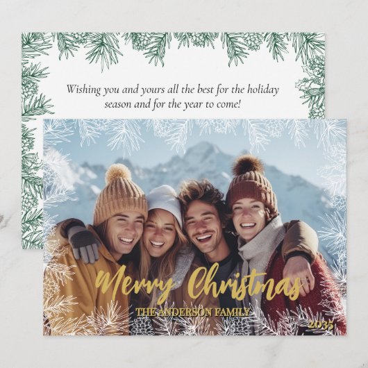ゴールド ホワイト グリーン モダン ファミリー フォト クリスマス (正面/裏面)