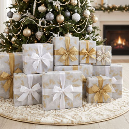 ゴールド ホワイト シルバー グレー エレガント ボタニカル クリスマス ラッピングペーパー