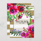 ゴールド ホワイト ストライプ ボールド グラム フラワー セーブ・ザ・デート 案内ポストカード (正面/裏面)