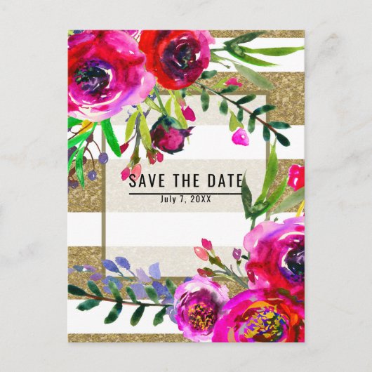 ゴールド ホワイト ストライプ ボールド グラム フラワー セーブ・ザ・デート 案内ポストカード (正面)