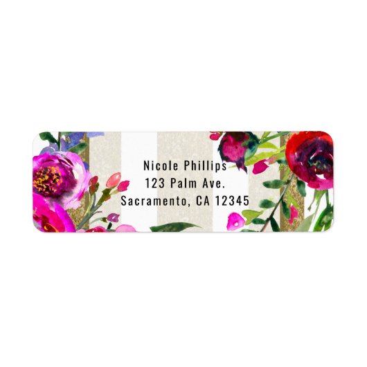 ゴールド ホワイト ストライプ ボールド グラム フローラル ブライダル シャワー ラベル (正面)