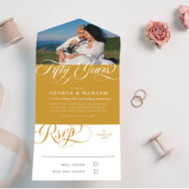 ゴールド ホワイト スワール フォト 50周年 結婚記念日 オールインワン招待状