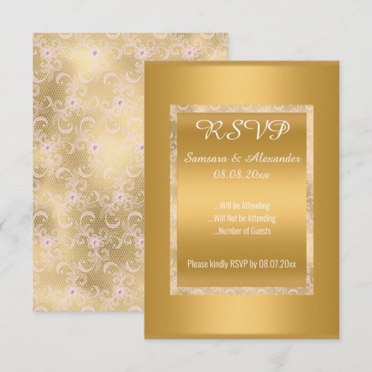 ゴールド ホワイト ピンク レース シンプル オールオカシジョン RSVP 招待状 (正面/裏面)