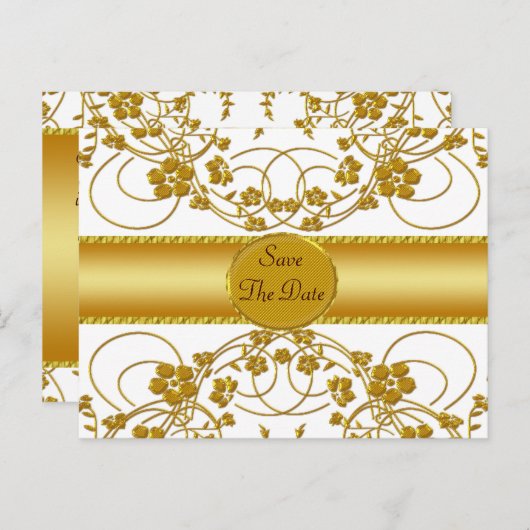 ゴールド&ホワイト フラワー ウェディング モノグラム 案内ポストカード (正面/裏面)
