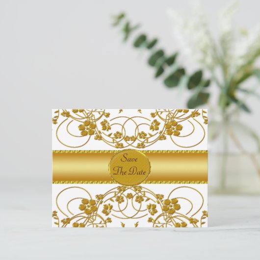 ゴールド&ホワイト フラワー ウェディング モノグラム 案内ポストカード (スタンド正面)