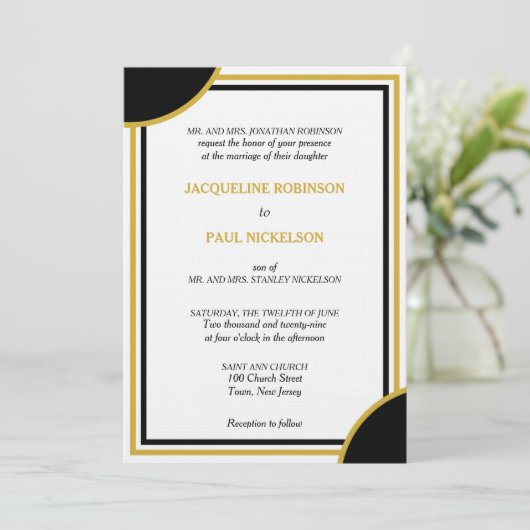 ゴールド ホワイト ブラック モノグラム ジオメトリック ウェディング 招待状 (スタンド正面)