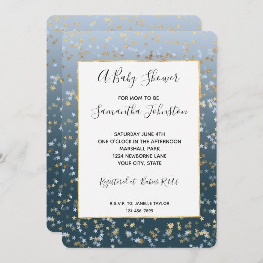 ゴールド ホワイト ブルー 星が輝く ベビーシャワー 招待状 (正面/裏面)
