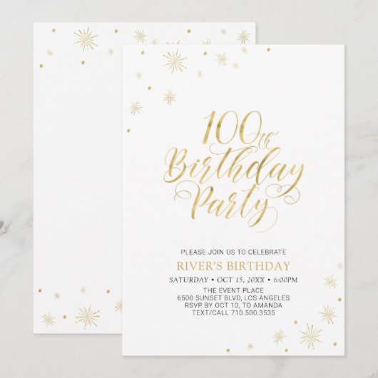 ゴールド＆ホワイト | モダンな100歳の誕生日パーティー 招待状 (正面/裏面)