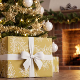 ゴールド ホワイト モダン エレガント ボタニカル 松の木 クリスマス ラッピングペーパー
