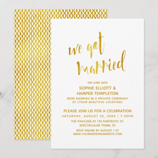 ゴールド＆ホワイト 私たち結婚しました タイポグラフィー お祝い 招待状 (正面/裏面)