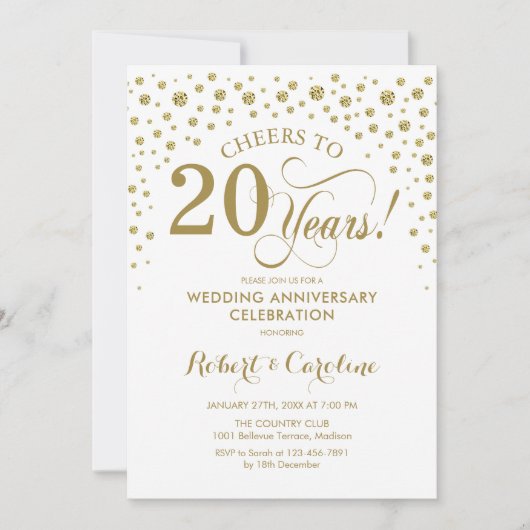 ゴールド ホワイト 20周年記念祝賀会の招待状 招待状 (正面)