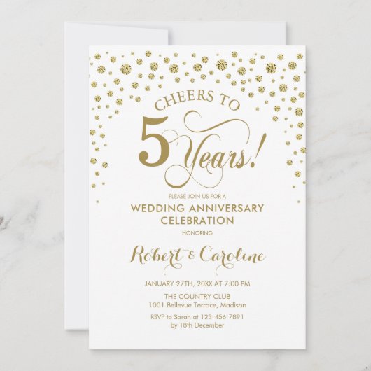 ゴールド ホワイト 5周年 お祝い 招待状 (正面)