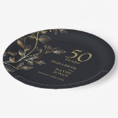 ゴールド ボタニカル フラワーの50周年結婚記念日 ペーパープレート (アングル)