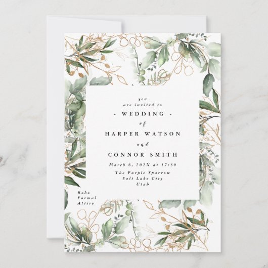 ゴールド ボタニカル ユーカリ エレガント グリーン オータム 招待状 (正面)