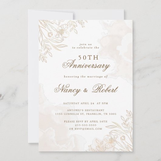 ゴールド ボヘミア ワイルドフラワーズ 50周年 結婚記念日 招待状 (正面)