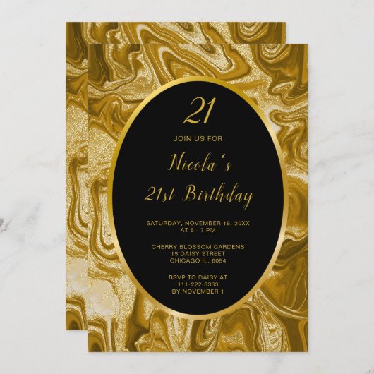 ゴールド マーブル アゲート 21歳の誕生日 招待状 (正面/裏面)