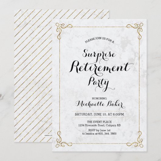 ゴールド＆マーブル | エレガントなサプライズ退職パーティー 招待状 (正面/裏面)