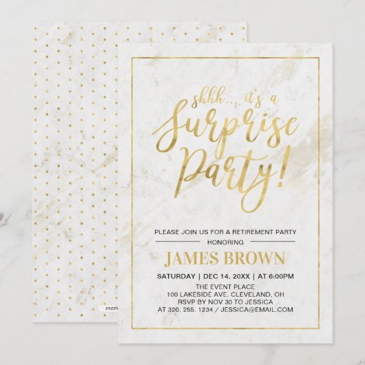 ゴールド＆マーブル | 現代のサプライズ退職パーティー 招待状 (正面/裏面)