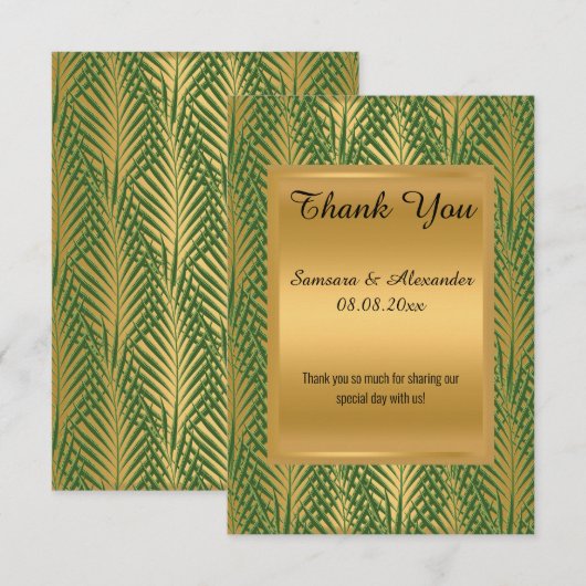 ゴールド メタリック グリーン ボタニカル ありがとうカード 招待状 (正面/裏面)