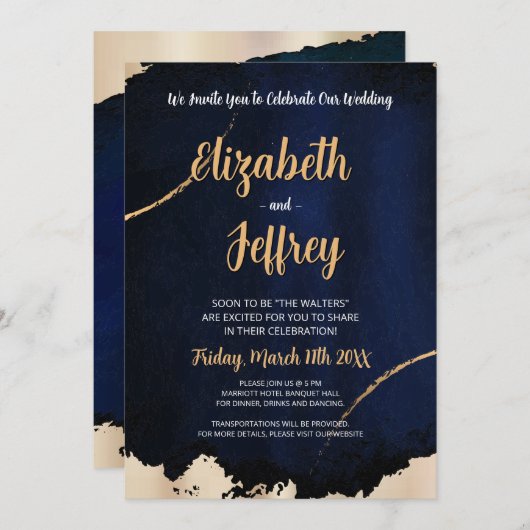 ゴールド メタリック ブラシ仕上げ | ダークブルーのテクスチャ 招待状 (正面/裏面)
