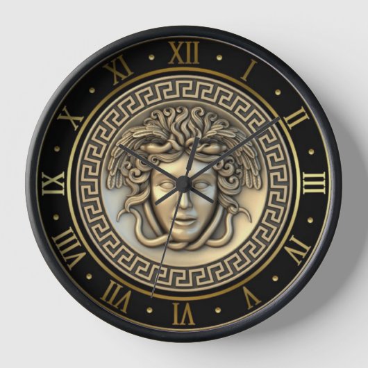 ゴールド メドゥーサ ゴルゴン ギリシャ鍵模様 ローマ数字 壁時計 (正面)