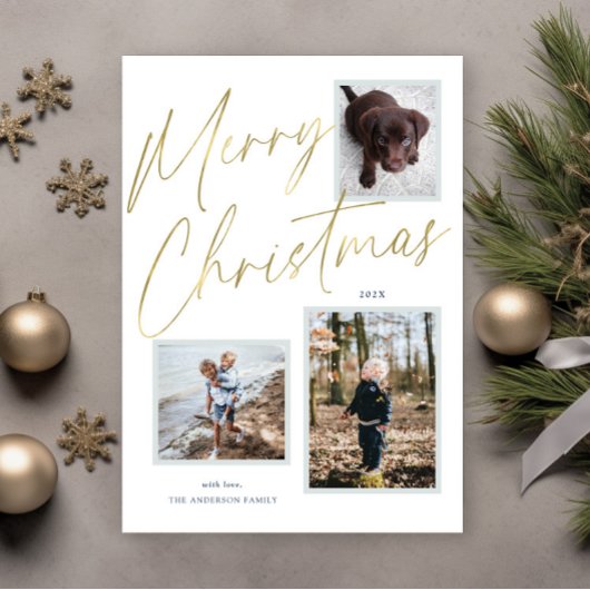 ゴールド メリークリスマス スクリプト3 フォト ホリデー カード