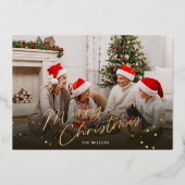 ゴールド メリークリスマス ファミリーフォト ホリデーカード 箔シーズンカード (正面)