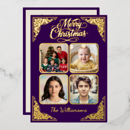 ゴールド メリークリスマス、4枚の写真、紫、名前 箔シーズンカード
