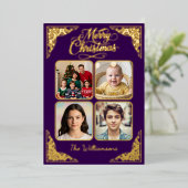 ゴールド メリークリスマス、4枚の写真、紫、名前 箔シーズンカード (立ち正面)
