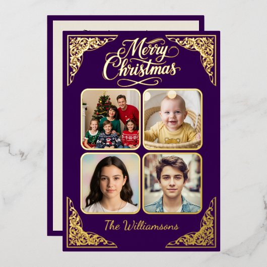 ゴールド メリークリスマス、4枚の写真、紫、名前 箔シーズンカード (正面/裏面)