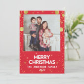 ゴールド メリー・クリスマス フォト 赤い ホリデー シーズンカード (スタンド正面)