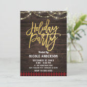 ゴールド モダンスクリプト ホリデーパーティー ラスティック ウッド プラッド 招待状 (スタンド正面)