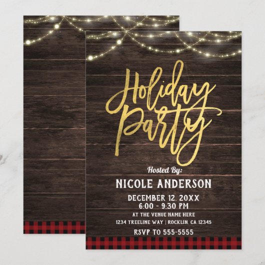 ゴールド モダンスクリプト ホリデーパーティー ラスティック ウッド プラッド 招待状 (正面/裏面)