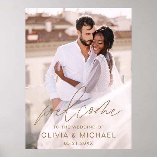 ゴールド モダン スクリプト フォト ウェディング ウェルカム エレガント ポスター (正面)